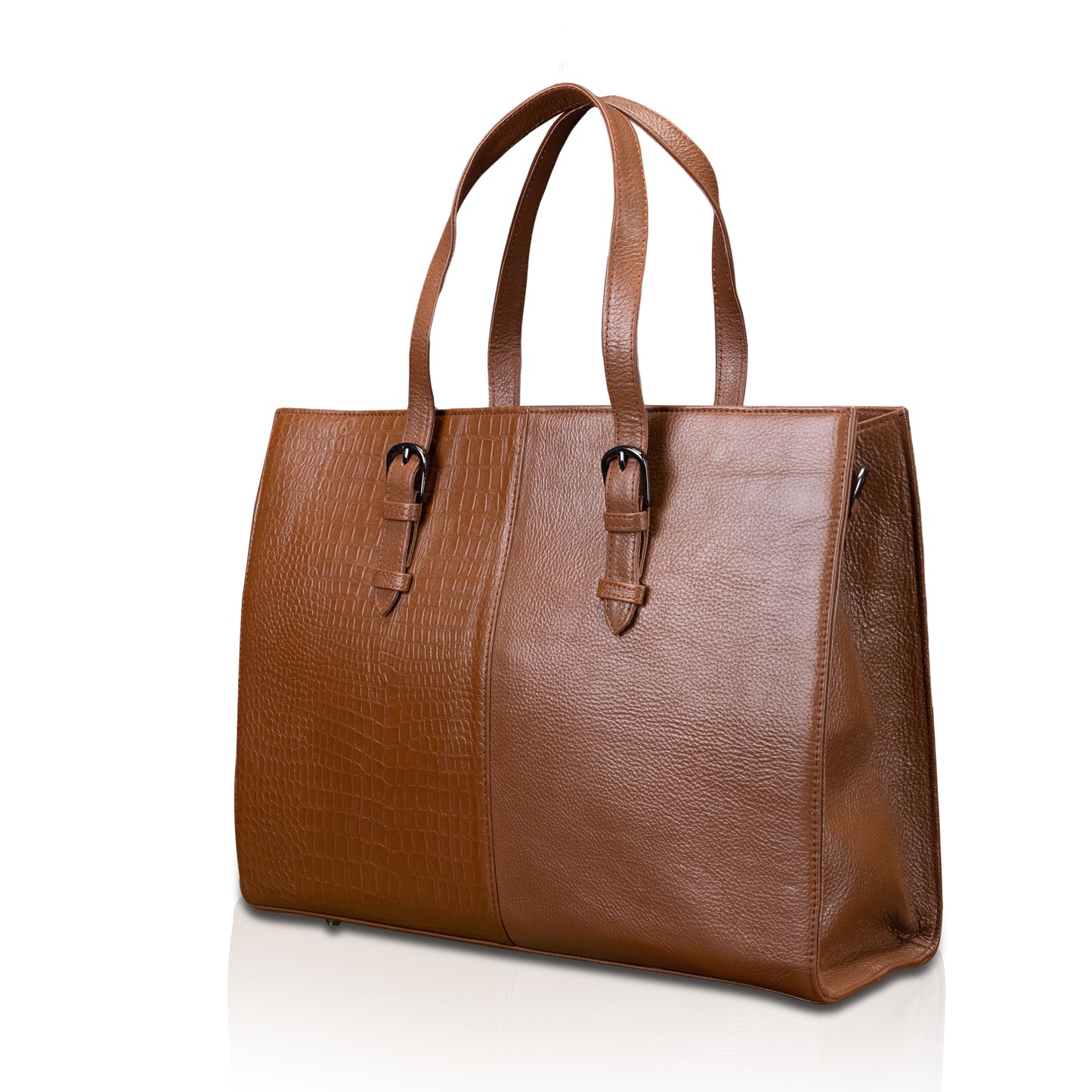 Dual-Texture Leather Tote Bag - Croc & Pebble Finish