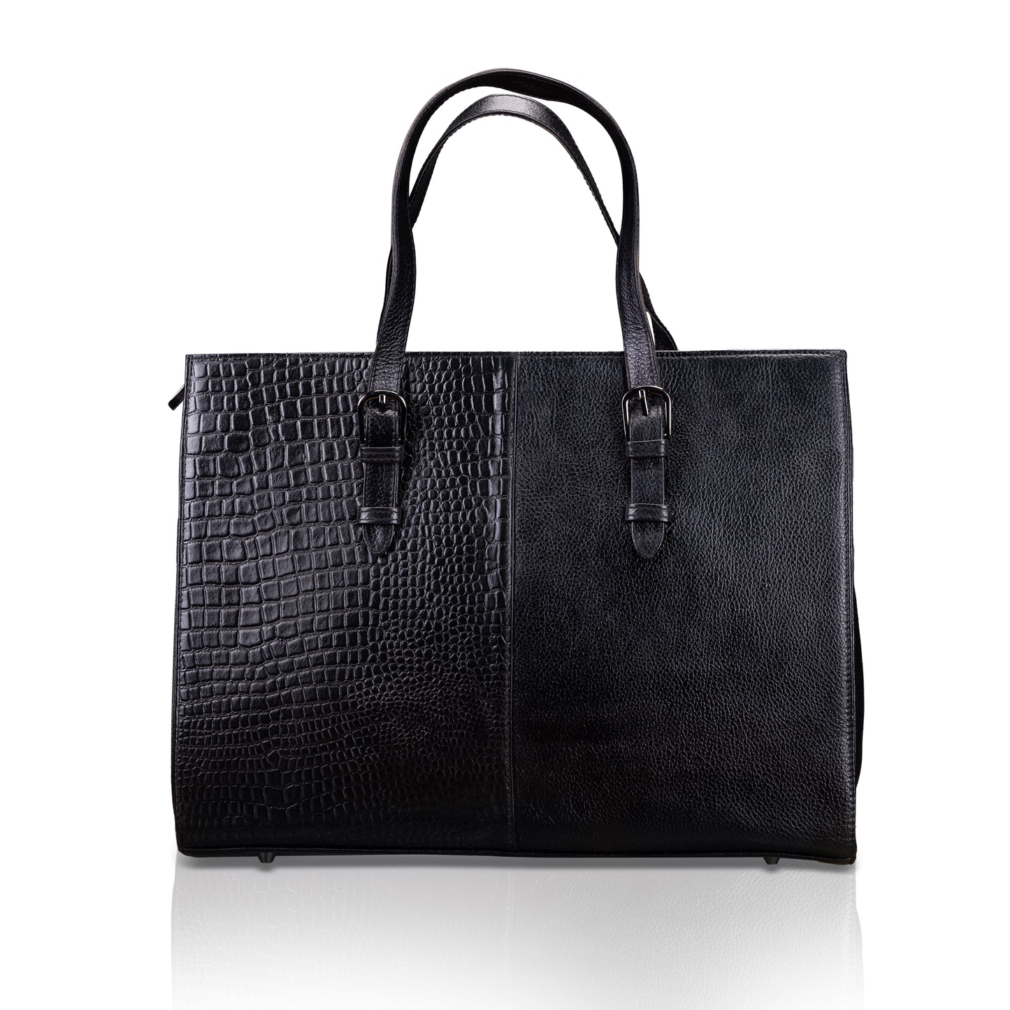 Dual-Texture Leather Tote Bag - Croc & Pebble Finish
