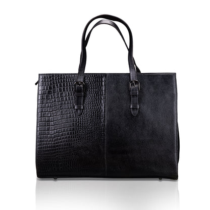 Dual-Texture Leather Tote Bag - Croc & Pebble Finish