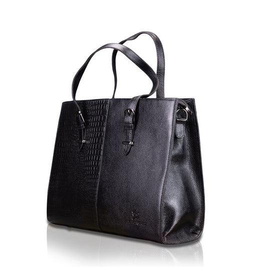 Dual-Texture Leather Tote Bag - Croc & Pebble Finish