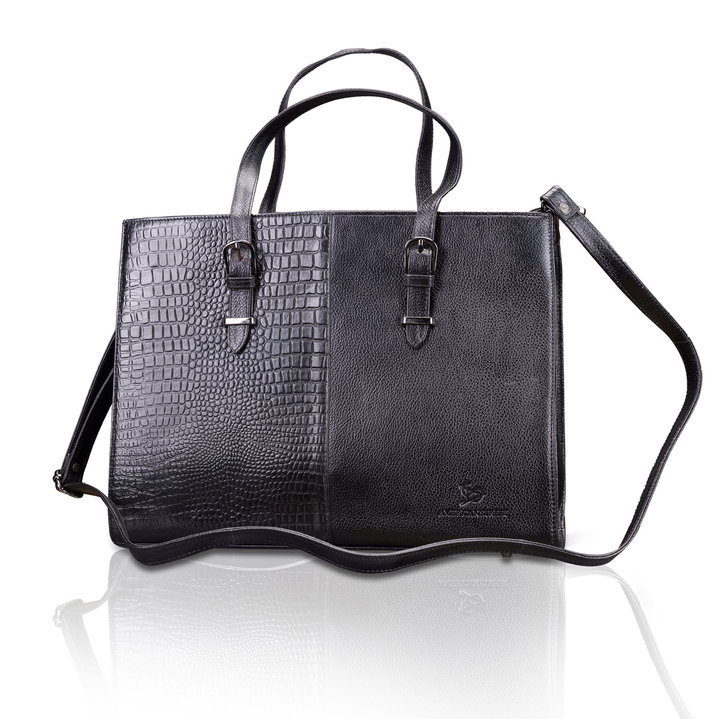 Dual-Texture Leather Tote Bag - Croc & Pebble Finish
