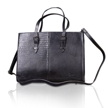 Dual-Texture Leather Tote Bag - Croc & Pebble Finish